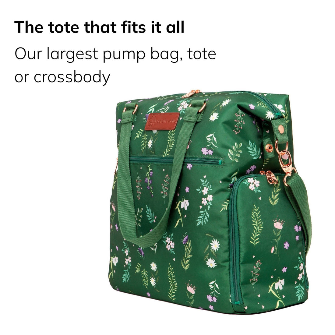 Sarah Wells Lizzy pump tote in olive, three-quarter view, with the headline "The tote that fits it all" and subhead "Our largest pump bag, tote or crossbody"