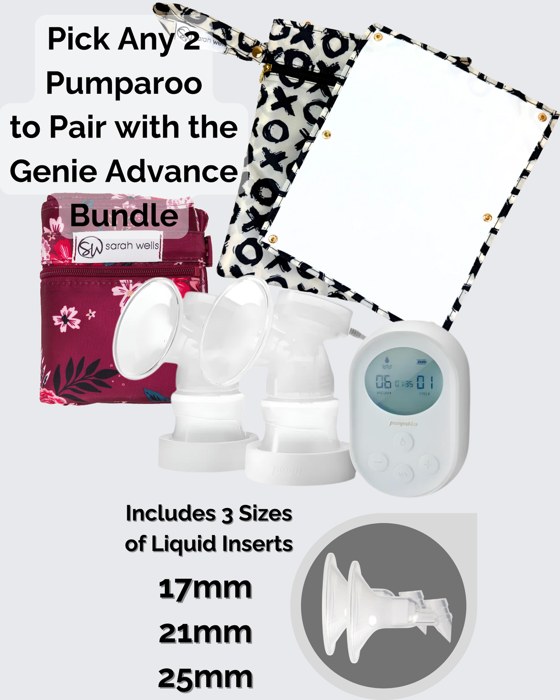 On-the-Go Pumping Bundle: Genie Advanced Pump with Inserts, Liquid Shields &amp; 2 Pumparoo Wet/Dry Bags
