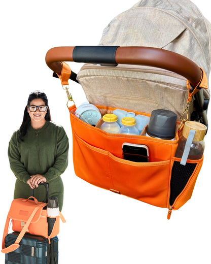 Sarah Wells Deluxe Stroller Caddy Organizer – Insulated, Machine-Washable with Crossbody Strap, Storage Pockets &amp; Luggage Sleeve