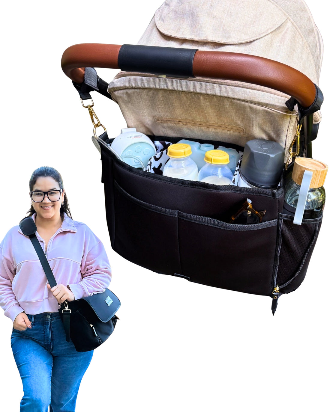 Sarah Wells Deluxe Stroller Caddy Organizer – Insulated, Machine-Washable with Crossbody Strap, Storage Pockets &amp; Luggage Sleeve
