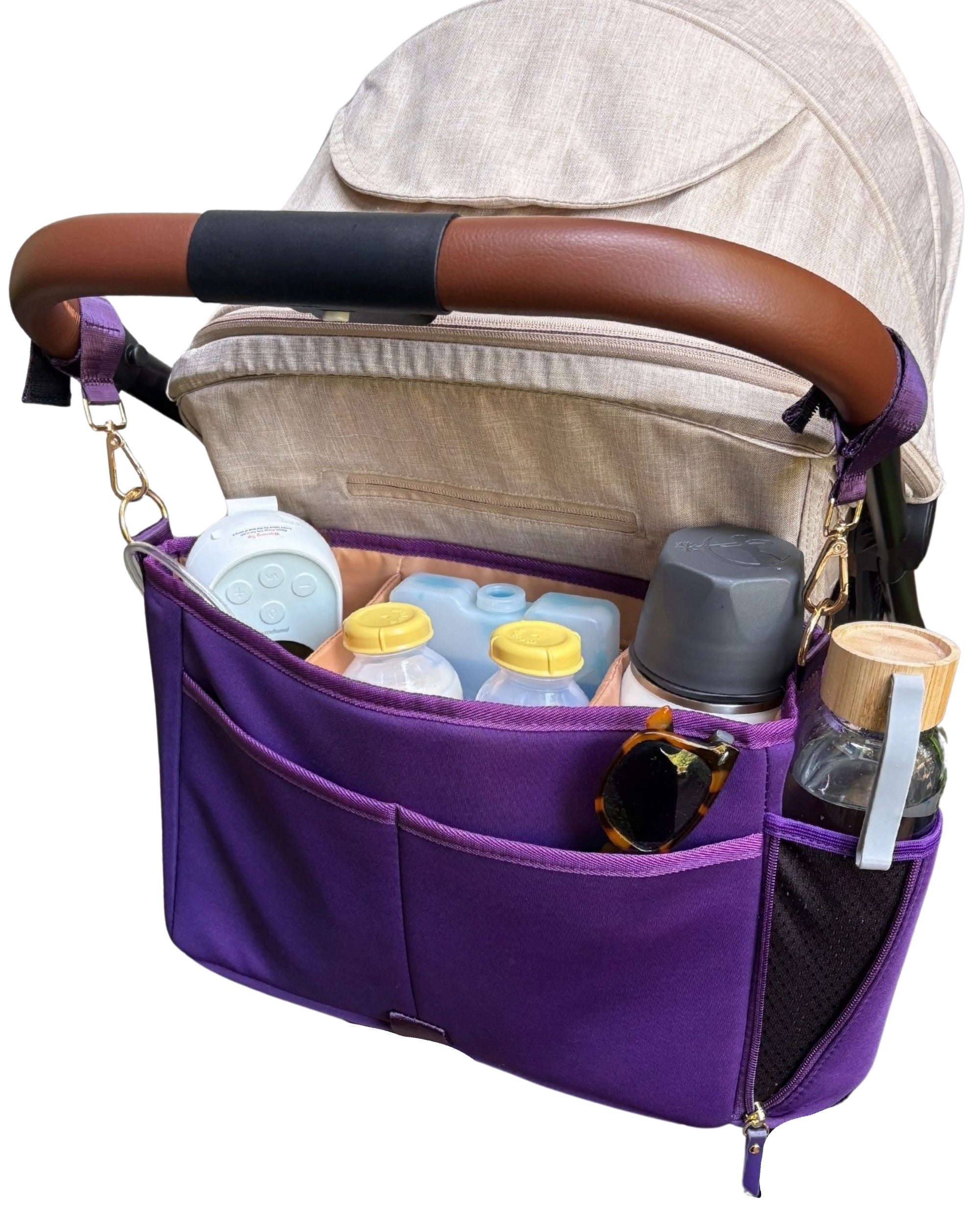 Sarah Wells Deluxe Stroller Caddy Organizer – Insulated, Machine-Washable with Crossbody Strap, Storage Pockets &amp; Luggage Sleeve
