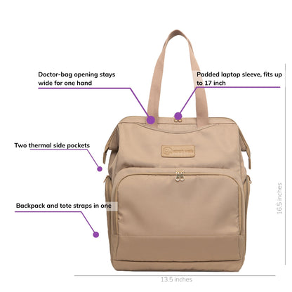 Sarah Wells Norah pump backpack in Black, front view, labeled with a doctor-bag opening that stays wide for one hand, two thermal side pockets, a padded laptop sleeve fitting up to 15 inches, and backpack-and-tote straps in one; 16.5"H x 13.5"W x 7"D