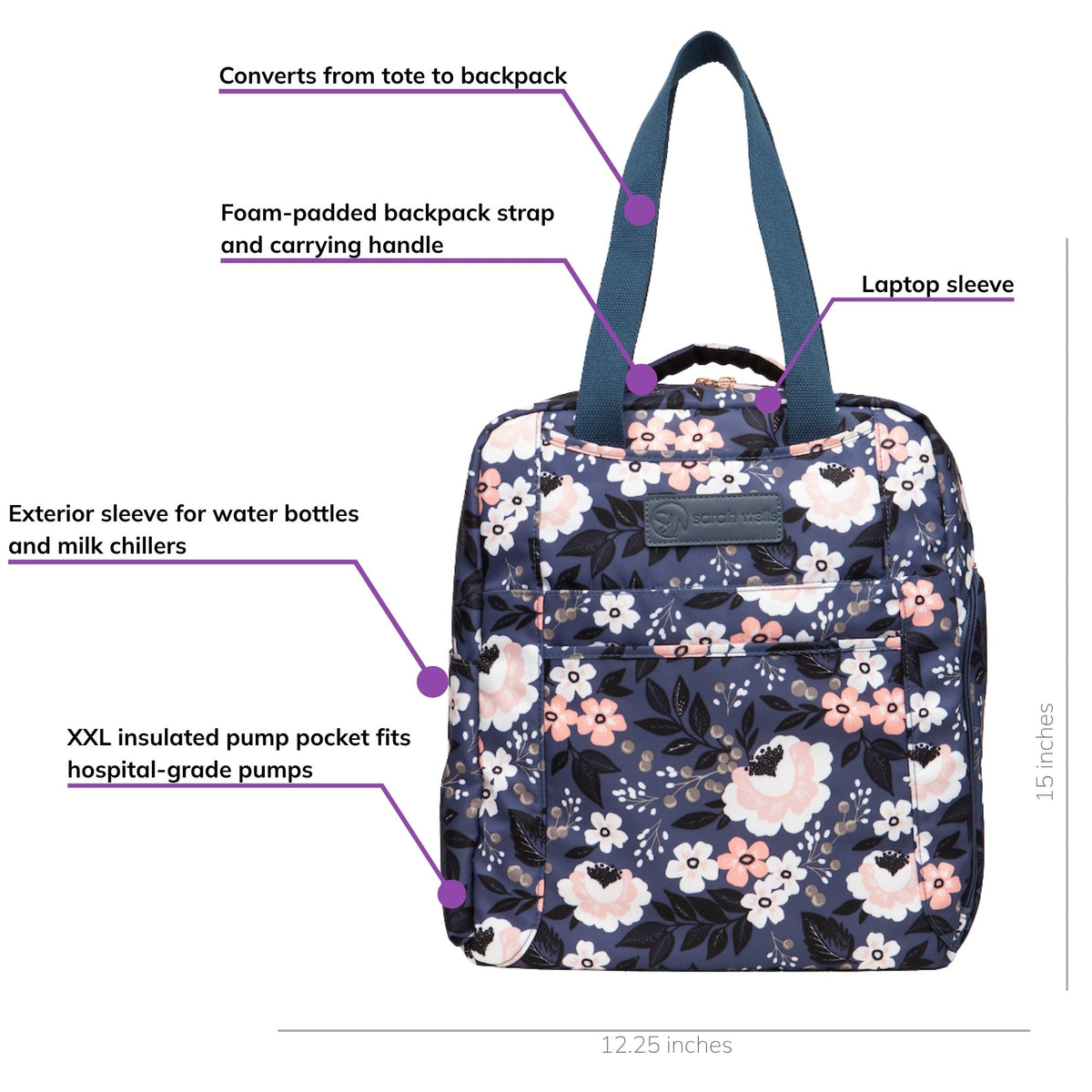 Sarah Wells Kelly pump bag in [COLOR], front view, labeled with an XXL side pocket that fits hospital-grade pumps, a laptop sleeve, an insulated pump pocket, tote-to-backpack conversion, and foam-padded straps; 15"H x 12.25"W x 7"D