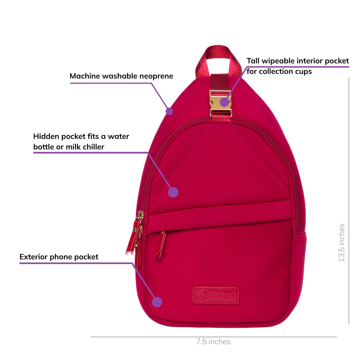 Sarah Wells Allie pump sling in Ruby, front view, labeled with a hidden pocket for a water bottle or milk chiller, an exterior phone pocket, a tall wipeable interior pocket for collection cups, and machine washable neoprene; 13.5"H x 7.5"W x 3"D