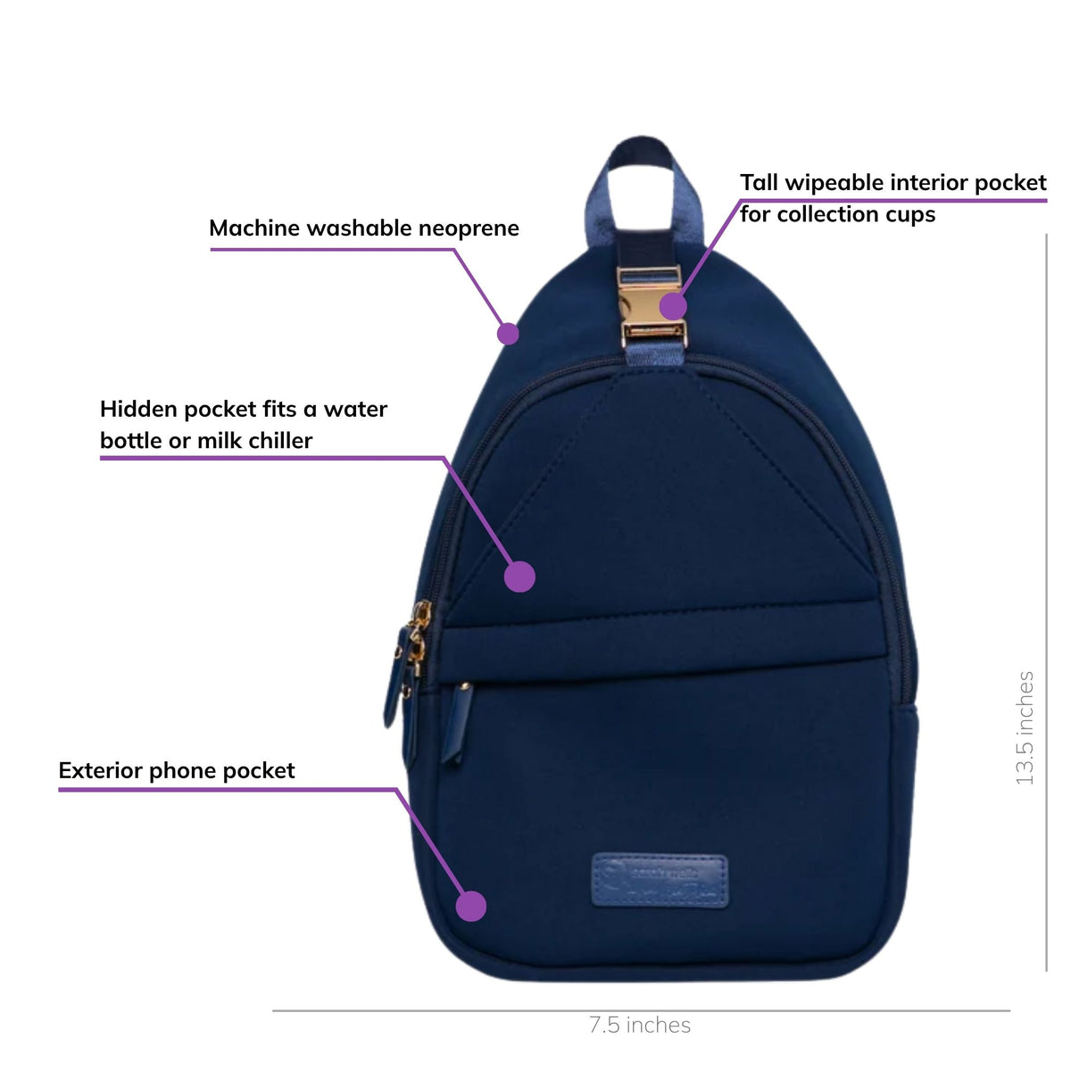 Sarah Wells Allie pump sling in Royal Blue, front view, labeled with a hidden pocket for a water bottle or milk chiller, an exterior phone pocket, a tall wipeable interior pocket for collection cups, and machine washable neoprene; 13.5"H x 7.5"W x 3"D