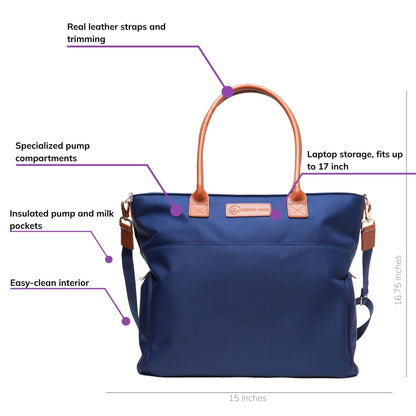Sarah Wells Abby pump tote in navy, front view, labeled with real leather straps and trimming, insulated pump and milk pockets, laptop storage, an easy-clean interior, and specialized pump compartments; 15 x 16.75 inches
