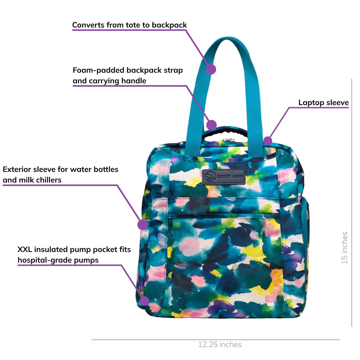 Sarah Wells Kelly pump bag in aquarelle, front view, labeled with an XXL side pocket that fits hospital-grade pumps, a laptop sleeve, an insulated pump pocket, tote-to-backpack conversion, and foam-padded straps; 15"H x 12.25"W x 7"D