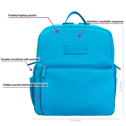 Sarah Wells Fiona pump backpack in Sky, front view, labeled with a padded laptop pocket, machine washable neoprene, double-insulated side pockets, and a hidden pocket behind the front zip; 15 inches tall, 13 inches wide, 6 inches deep