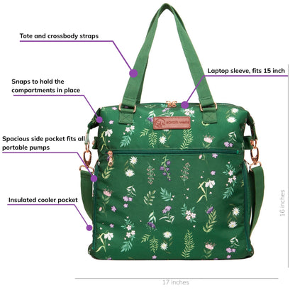 Sarah Wells Lizzy pump tote in olive, front view, labeled with a spacious side pocket that fits all portable pumps, a laptop sleeve fitting 15 inches, an insulated cooler pocket, tote-and-crossbody straps, and snaps that hold the compartments in place; 17"H x 16"W x 7"D