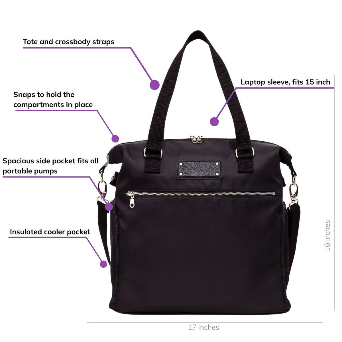 Sarah Wells Lizzy pump tote in Black, front view, labeled with a spacious side pocket that fits all portable pumps, a laptop sleeve fitting 15 inches, an insulated cooler pocket, tote-and-crossbody straps, and snaps that hold the compartments in place; 17"H x 16"W x 7"D