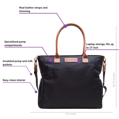Sarah Wells Abby pump tote in black, front view, labeled with real leather straps and trimming, insulated pump and milk pockets, laptop storage, an easy-clean interior, and specialized pump compartments; 15 x 16.75 inches