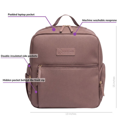 Sarah Wells Fiona pump backpack in Earth, front view, labeled with a padded laptop pocket, machine washable neoprene, double-insulated side pockets, and a hidden pocket behind the front zip; 15 inches tall, 13 inches wide, 6 inches deep