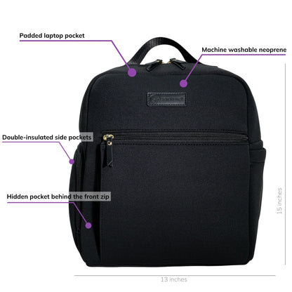Sarah Wells Fiona pump backpack in Black, front view, labeled with a padded laptop pocket, machine washable neoprene, double-insulated side pockets, and a hidden pocket behind the front zip; 15 inches tall, 13 inches wide, 6 inches deep
