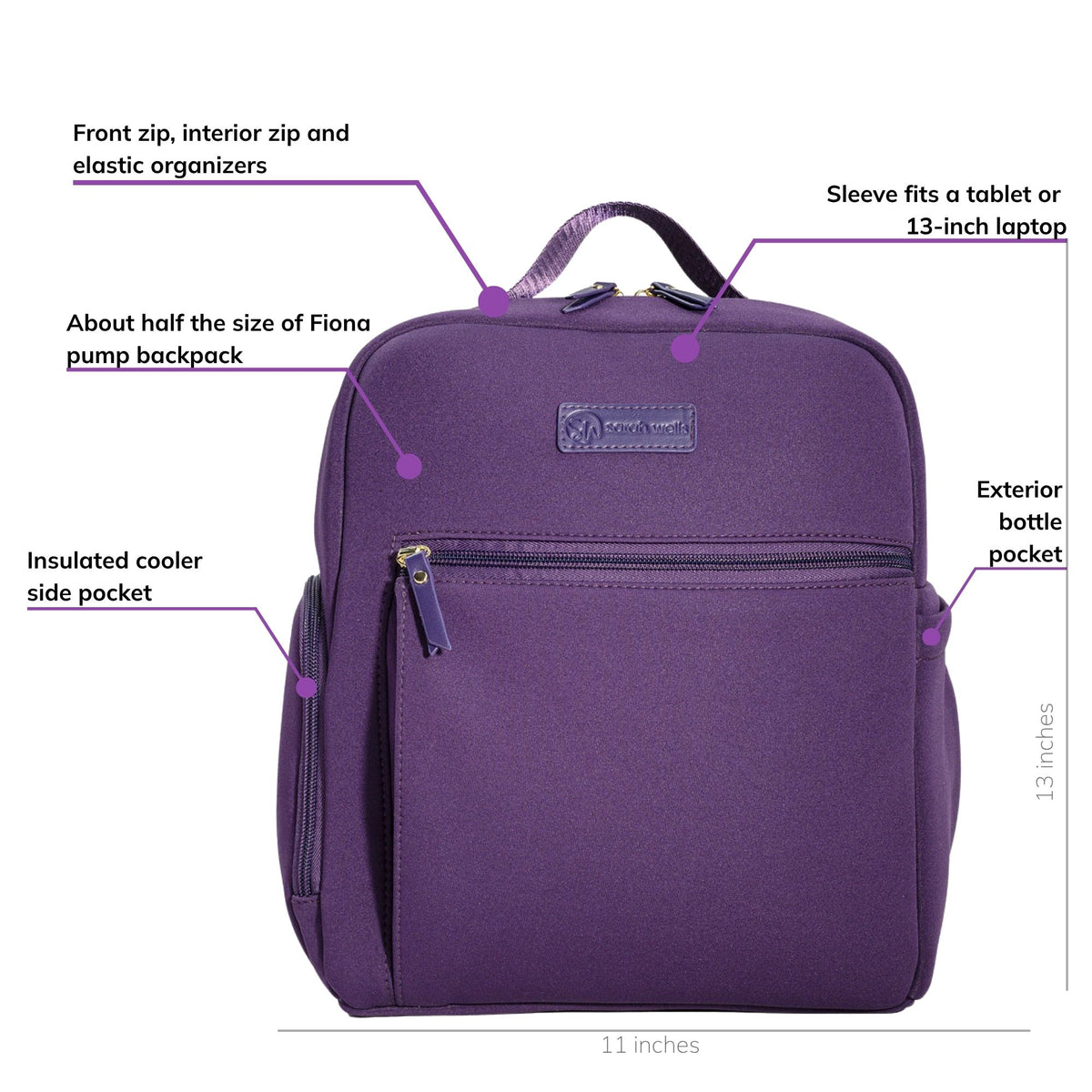 Sarah Wells Fifi mini pump backpack in Purple, front view, labeled with an insulated cooler side pocket, a sleeve that fits a tablet or 13-inch laptop, front and interior zip organizers with elastic loops, an exterior bottle pocket, and a size about half of the Fiona pump backpack; 13 x 11 inches 