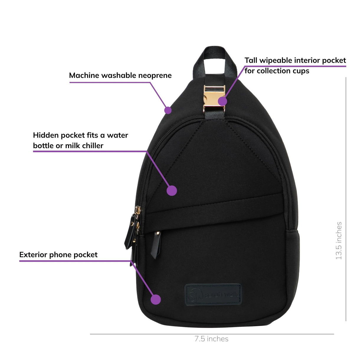 Sarah Wells Allie pump sling in Black, front view, labeled with a hidden pocket for a water bottle or milk chiller, an exterior phone pocket, a tall wipeable interior pocket for collection cups, and machine washable neoprene; 13.5"H x 7.5"W x 3"D