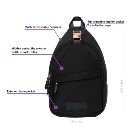 Sarah Wells Allie pump sling in Black, front view, labeled with a hidden pocket for a water bottle or milk chiller, an exterior phone pocket, a tall wipeable interior pocket for collection cups, and machine washable neoprene; 13.5"H x 7.5"W x 3"D
