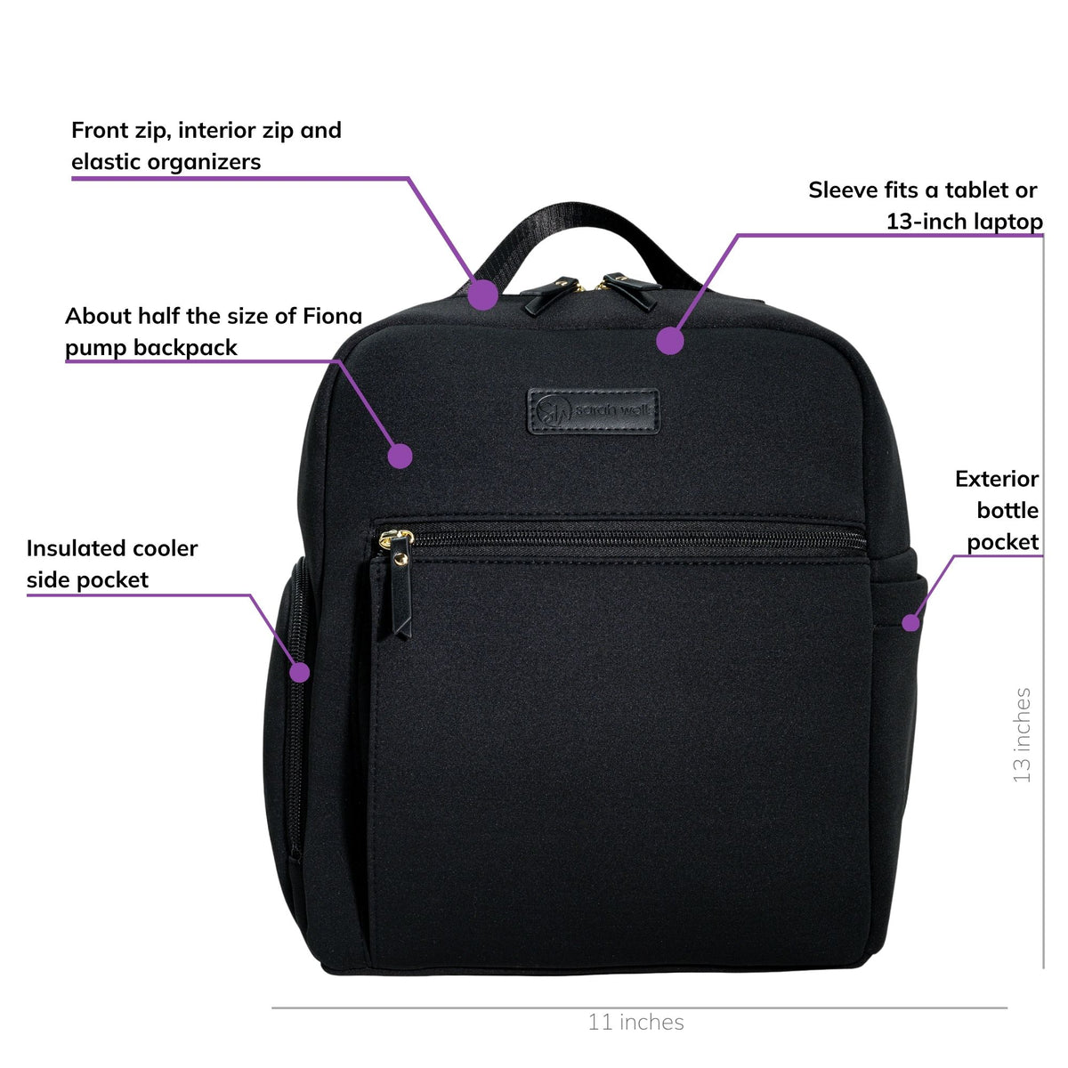 Sarah Wells Fifi mini pump backpack in black, front view, labeled with an insulated cooler side pocket, a sleeve that fits a tablet or 13-inch laptop, front and interior zip organizers with elastic loops, an exterior bottle pocket, and a size about half of the Fiona pump backpack; 13"H x 11"W x 5"D