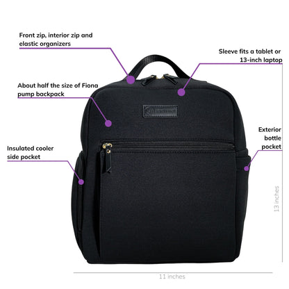 Sarah Wells Fifi mini pump backpack in black, front view, labeled with an insulated cooler side pocket, a sleeve that fits a tablet or 13-inch laptop, front and interior zip organizers with elastic loops, an exterior bottle pocket, and a size about half of the Fiona pump backpack; 13"H x 11"W x 5"D