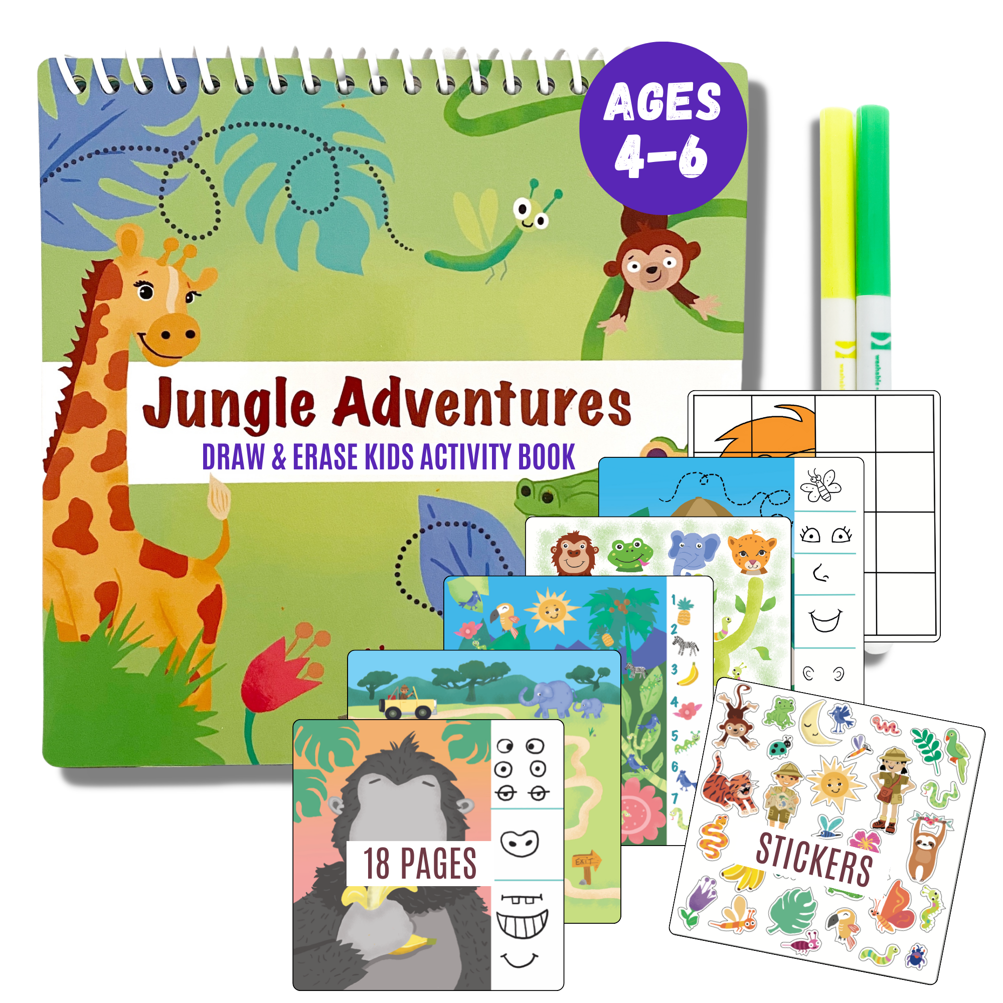 Small 7" Dry Erase Activity Book (incl. 2 Washable Markers &amp; Reusable Stickers)