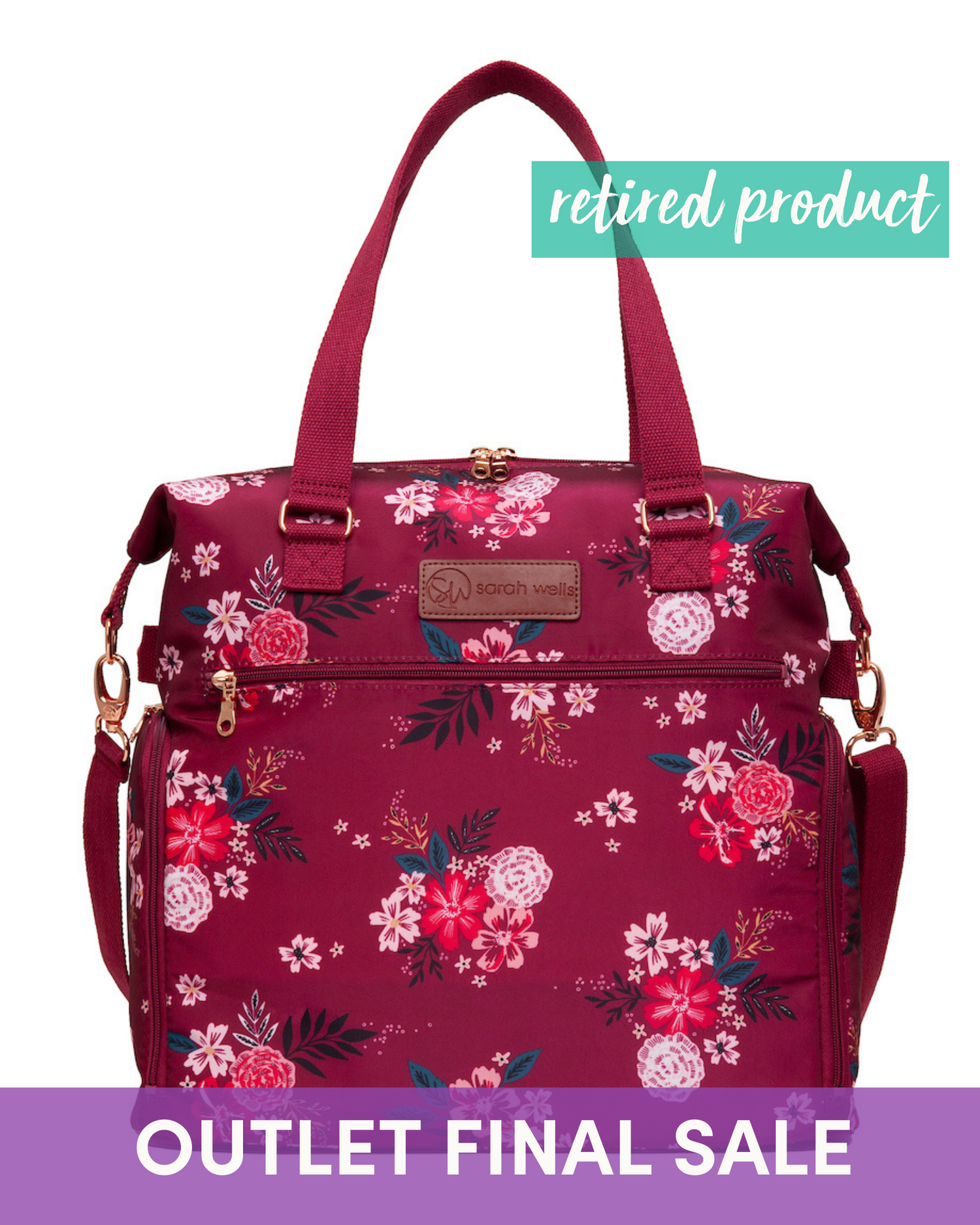 Floral-patterned handbag with a visible brand logo on a white background, labeled as a retired product with an outlet final sale text.