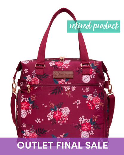 Floral-patterned handbag with a visible brand logo on a white background, labeled as a retired product with an outlet final sale text.