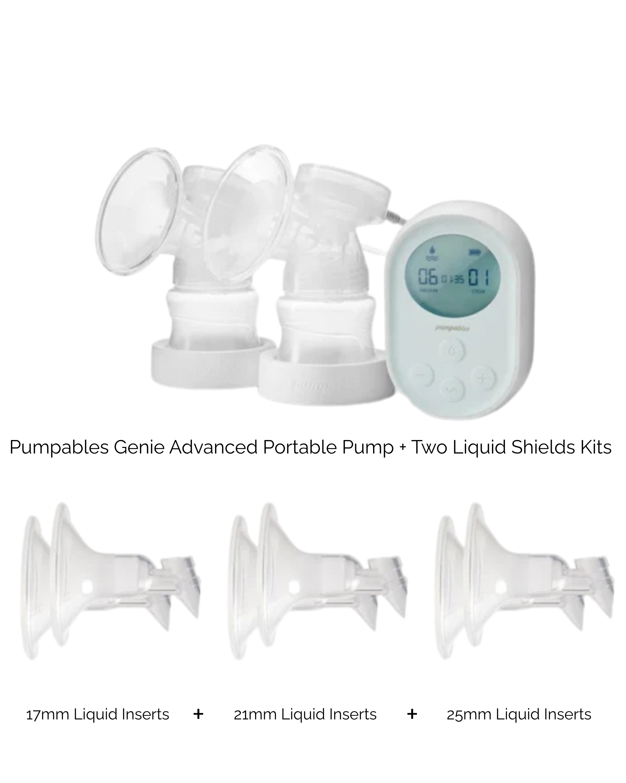Pumpables Genie Advanced Portable Breast Pump with 17, 21, 25mm Inserts &amp; Liquid Shields (2)