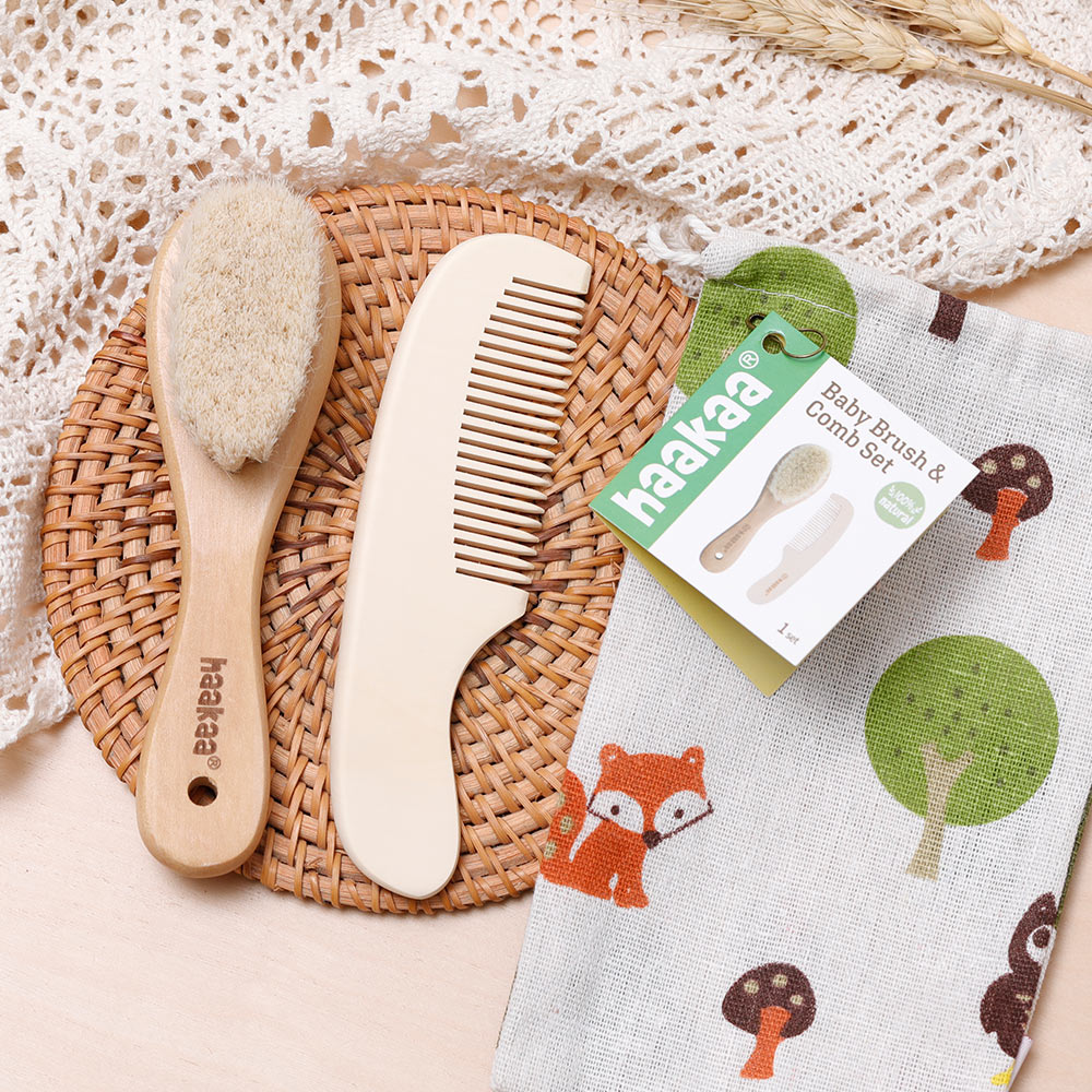 Haakaa Goats Wool Wooden Baby Brush &amp; Comb Set
