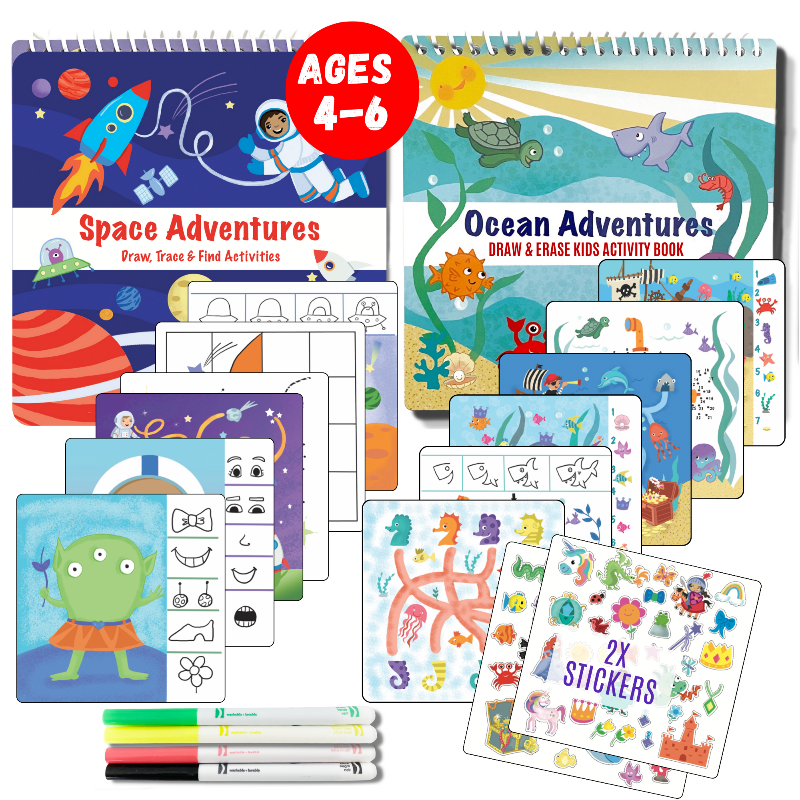 Small 7" Dry Erase Activity Book (incl. 2 Washable Markers &amp; Reusable Stickers)