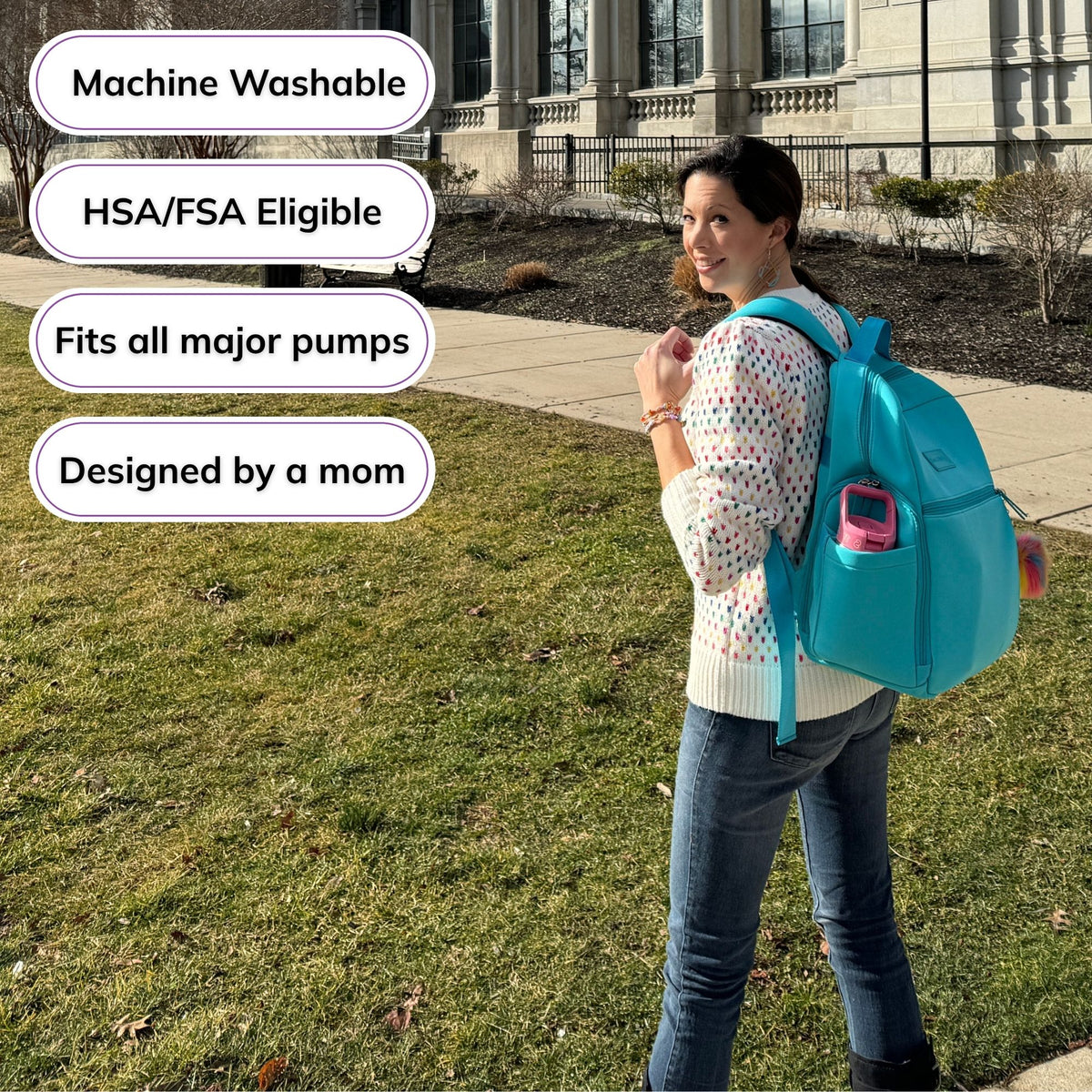 Woman carrying the Sarah Wells Fiona pump backpack in Sky, with badges for machine washable, HSA/FSA eligible, fits all major pumps, and designed by a mom