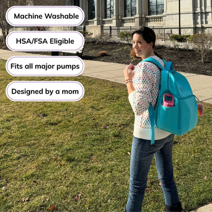 Woman carrying the Sarah Wells Fiona pump backpack in Sky, with badges for machine washable, HSA/FSA eligible, fits all major pumps, and designed by a mom