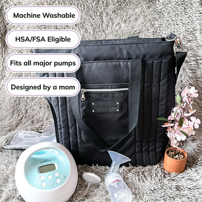 Woman carrying the Sarah Wells Suzy pump tote in Black, with badges for machine washable, HSA/FSA eligible, fits all major pumps, and designed by a mom