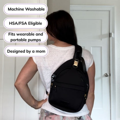 Woman wearing the Sarah Wells Allie pump sling in Black, with badges for machine washable, HSA/FSA eligible, fits wearable and portable pumps, and designed by a mom