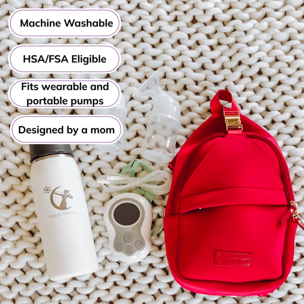Sarah Wells Allie pump sling in Ruby, with badges for machine washable, HSA/FSA eligible, fits wearable and portable pumps, and designed by a mom