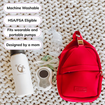 Sarah Wells Allie pump sling in Ruby, with badges for machine washable, HSA/FSA eligible, fits wearable and portable pumps, and designed by a mom