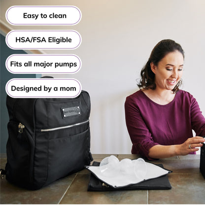 Sarah Wells Kelly pump bag in Black besides a woman, with badges for easy to clean, HSA/FSA eligible, fits all major pumps, and designed by a mom