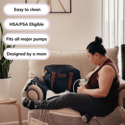 Woman carrying the Sarah Wells Lizzy pump tote in  Deco, with badges for easy to clean, HSA/FSA eligible, fits all major pumps, and designed by a mom