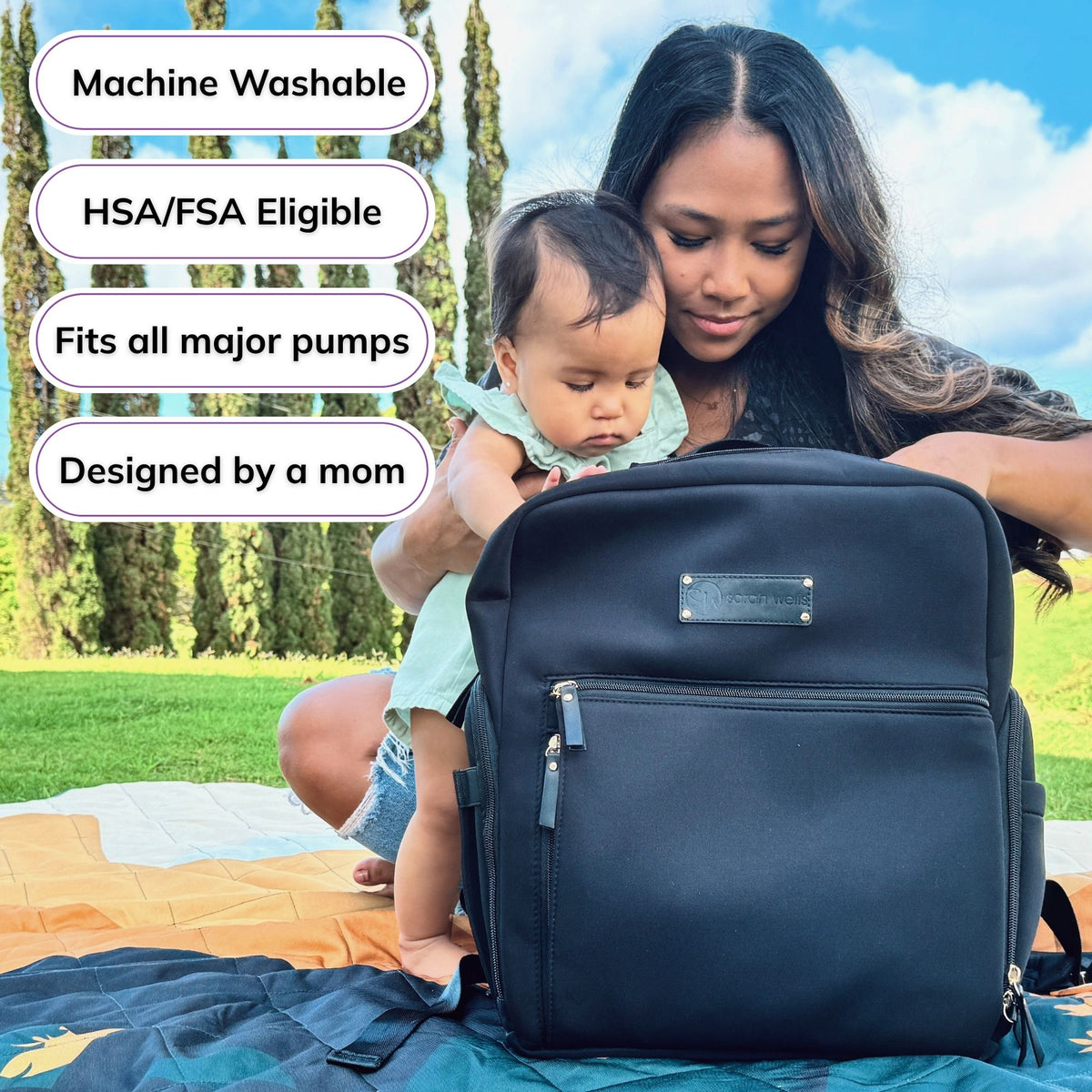 Woman carrying the Sarah Wells Fiona pump backpack in Black, with badges for machine washable, HSA/FSA eligible, fits all major pumps, and designed by a mom