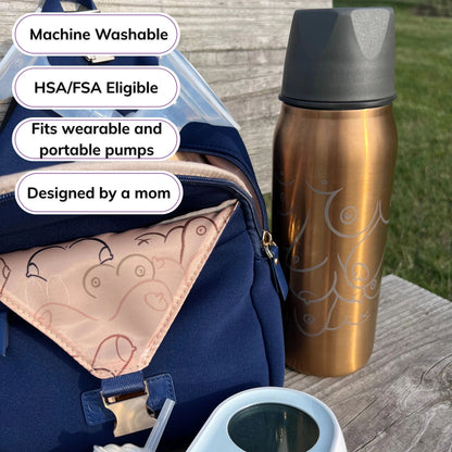 Sarah Wells Allie pump sling in Royal Blue, with badges for machine washable, HSA/FSA eligible, fits wearable and portable pumps, and designed by a mom