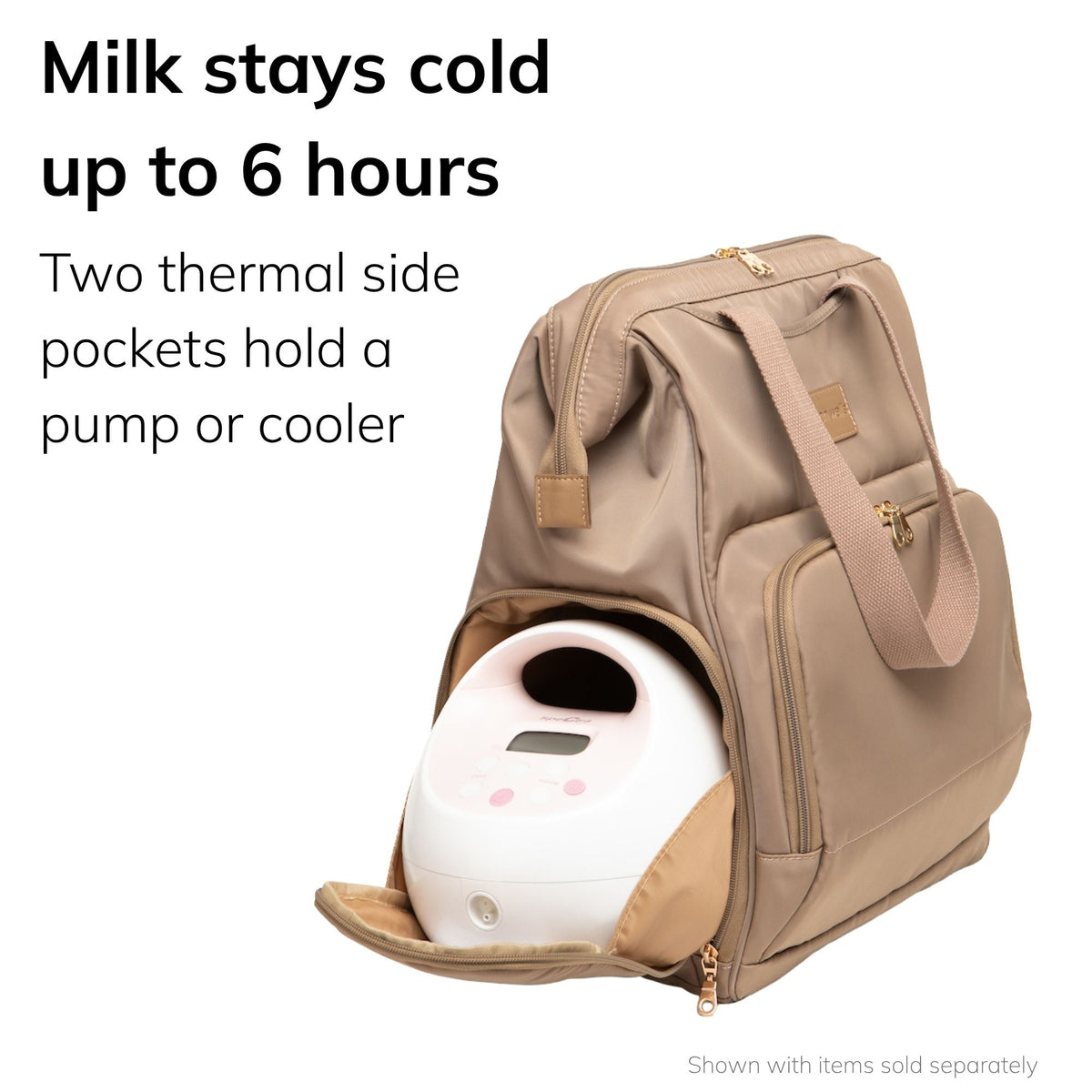 Sarah Wells Norah pump backpack in latte with a pump or cooler in the side pocket, headline "Milk stays cold up to 6 hours".