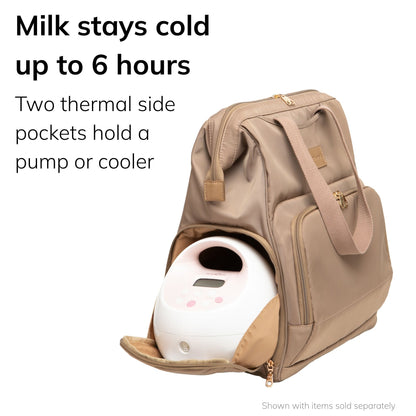 Sarah Wells Norah pump backpack in latte with a pump or cooler in the side pocket, headline "Milk stays cold up to 6 hours".