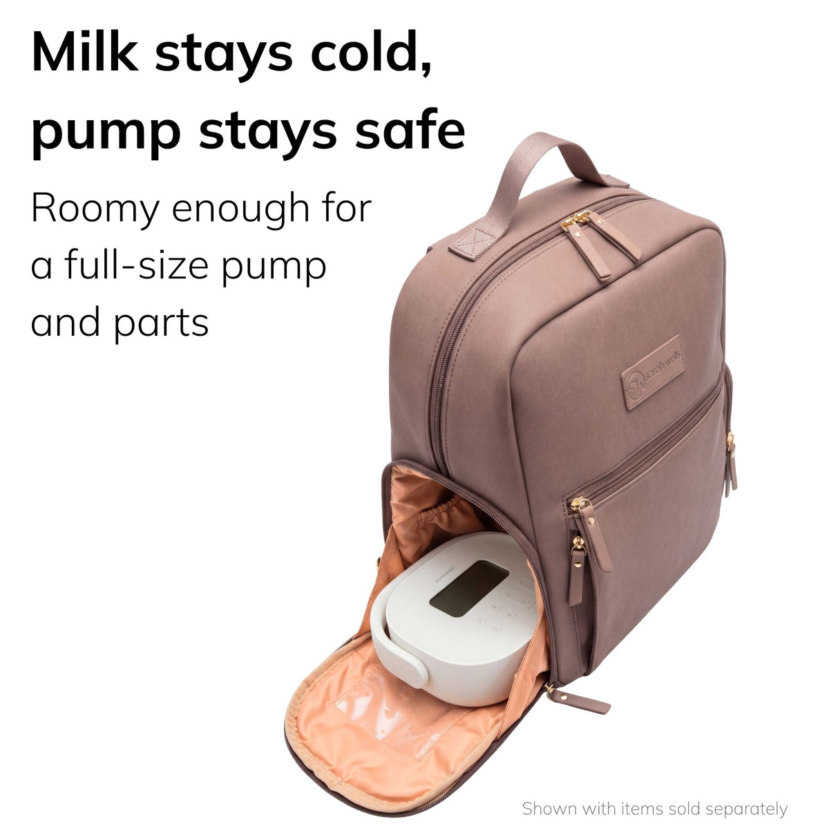 Sarah Wells Fiona pump backpack in Earth with the side pump pocket open and a pump inside, headline "Milk stays cold, pump stays safe"
