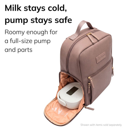 Sarah Wells Fiona pump backpack in Earth with the side pump pocket open and a pump inside, headline "Milk stays cold, pump stays safe"