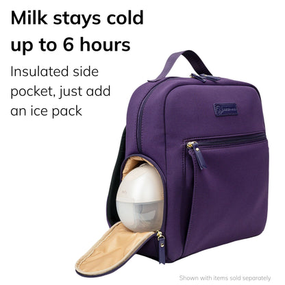 Sarah Wells Fifi mini pump backpack in Purple with bottles in the insulated side pocket, headline "Milk stays cold up to 6 hours"