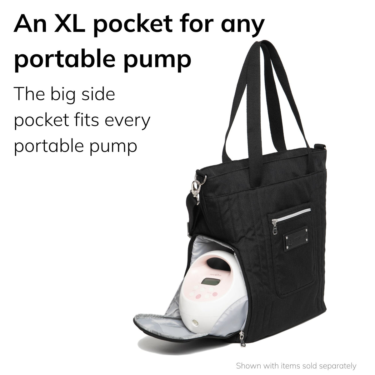 Sarah Wells Suzy pump tote in Black with a pump in the large side pocket, headline "An XL pocket for any portable pump"