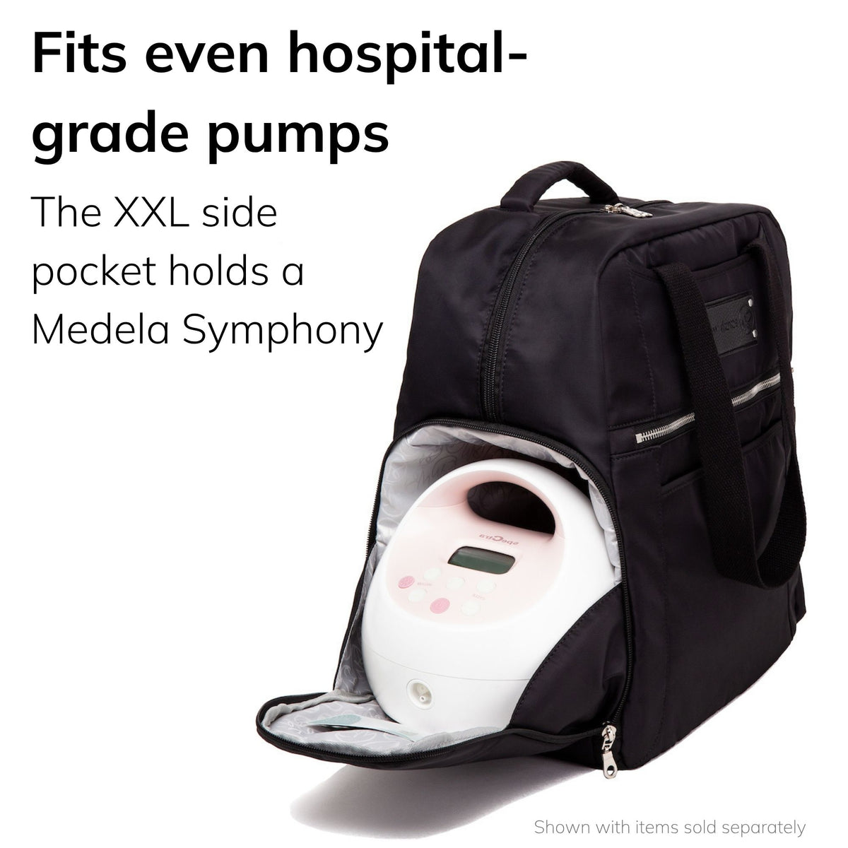 Sarah Wells Kelly pump bag in Black with a pump in the large side pocket, headline "Fits even hospital-grade pumps," subhead "The XXL side pocket holds a Medela Symphony"