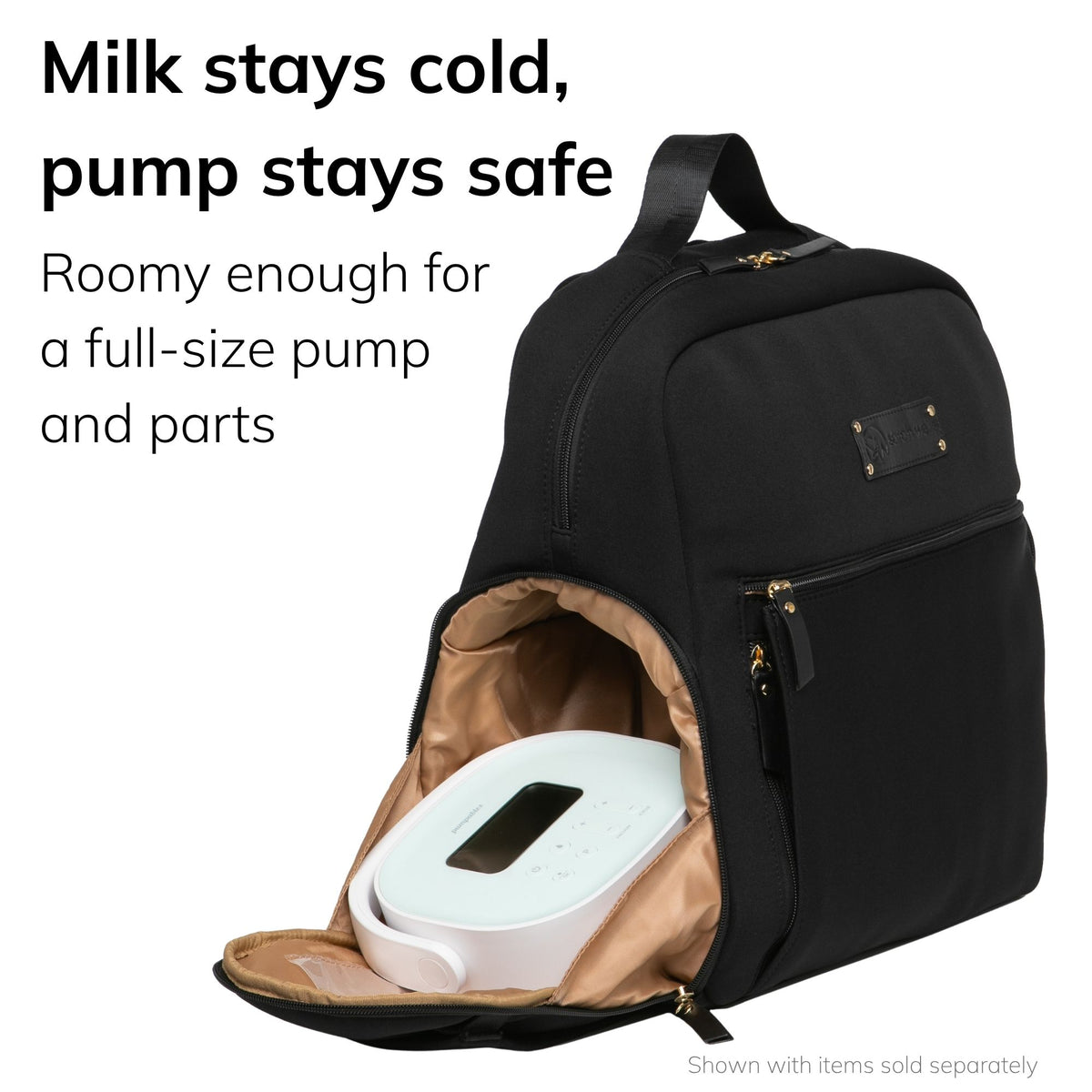 Sarah Wells Fiona pump backpack in Black with the side pump pocket open and a pump inside, headline "Milk stays cold, pump stays safe"