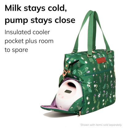 Sarah Wells Lizzy pump tote in olive with bottles in the insulated pocket and a roomy interior, headline "Milk stays cold, pump stays close"