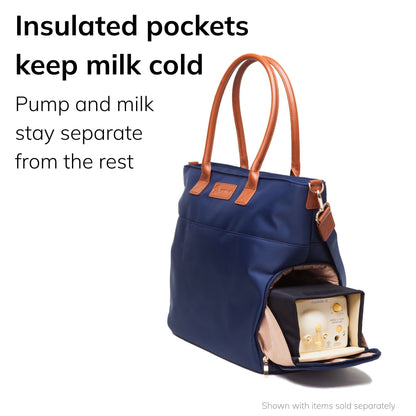 Sarah Wells Abby pump tote in navy with a pump or bottles in the insulated pocket, headline "Insulated pockets keep milk cold," subhead "Pump and milk stay separate from the rest"