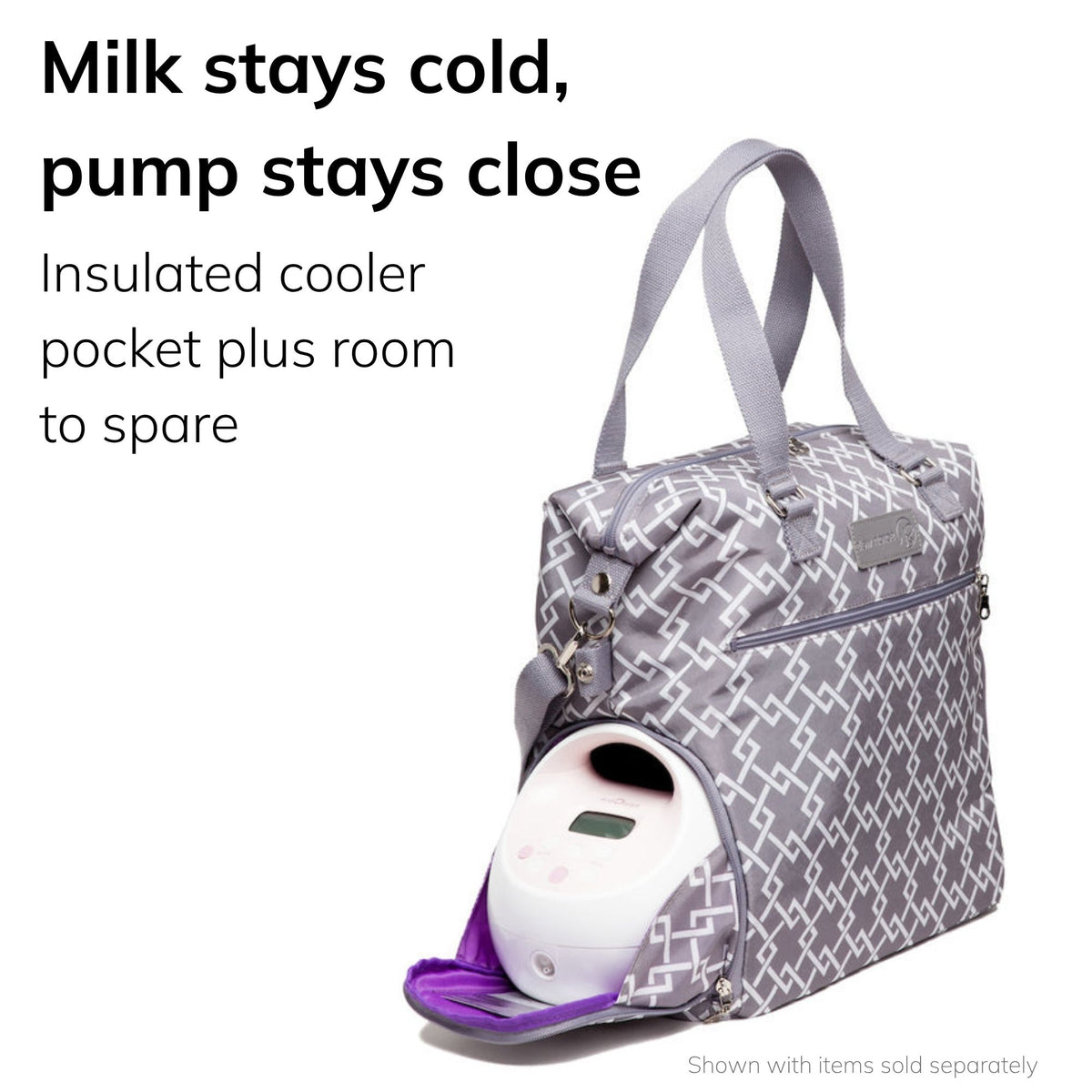 Sarah Wells Lizzy pump tote in gray with bottles in the insulated pocket and a roomy interior, headline "Milk stays cold, pump stays close"