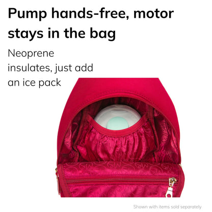 Sarah Wells Allie pump sling in Ruby worn with the pump motor inside, headline "Pump hands-free, motor stays in the bag," subhead "Neoprene insulates, just add an ice pack"